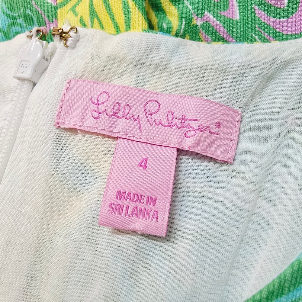 Lilly Pulitzer Green Yellow Tropical Geometric Trim Cotton Shift Dress Size 4 - Picture 7 of 9